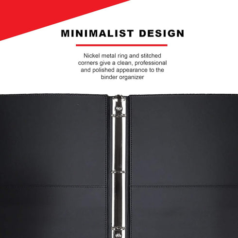 Twain Black Contrast Stitched Vegan Leather Binder with Round 1 Inch Capacity Nickel Metal Ring, Portfolio Organizer