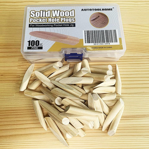AUTOTOOLHOME 100 Pack Solid Wood Pocket Hole Plugs, Pine for Pocket Hole Jig Woodworking Tool with Storage Case