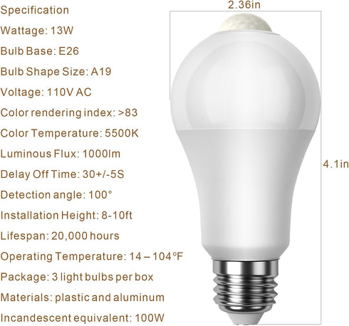 7117 Bulbs, 13W (100Watt Bulb, A19 E26 5500K 3Pack (5500K) Motion Sensor Light Equivalent), Motion Activated Dusk