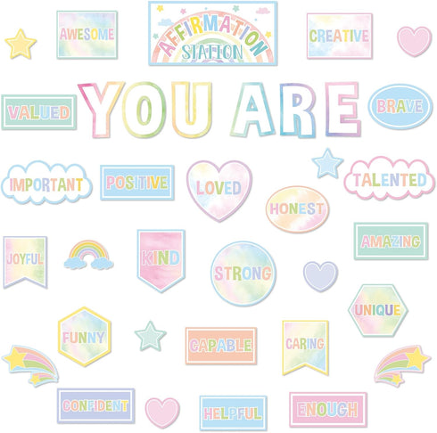 Pastel Affirmation Station Rainbow Motivational Bulletin Board Set for Classroom Decor, Mental Health Posters, Positive