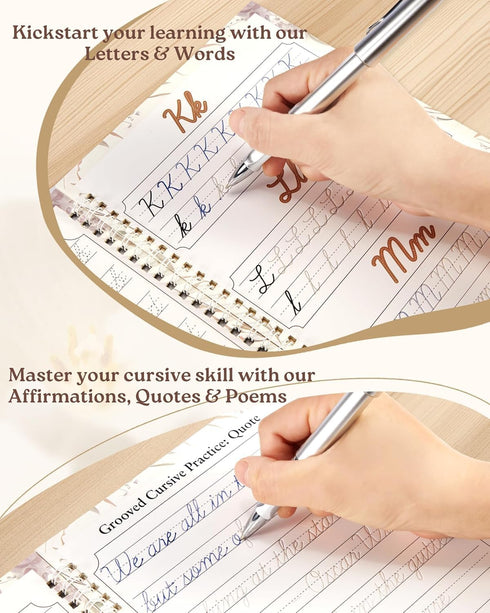 8-12 9.8"x7" UNCLE EJ Grooved Cursive Handwriting Workbook Kit - Reusable Cursive Workbook for Kids and Adults, Magic
