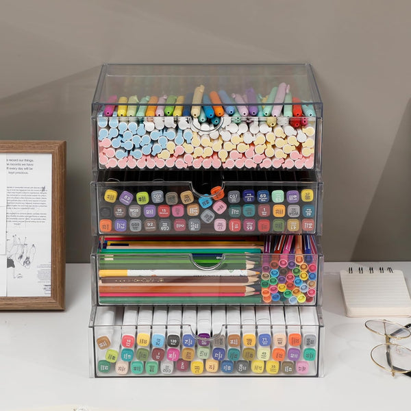 Clear Desk Organizers and Accessories, Plastic Drawer Organizer for Home Office Supplies, 4 Drawers