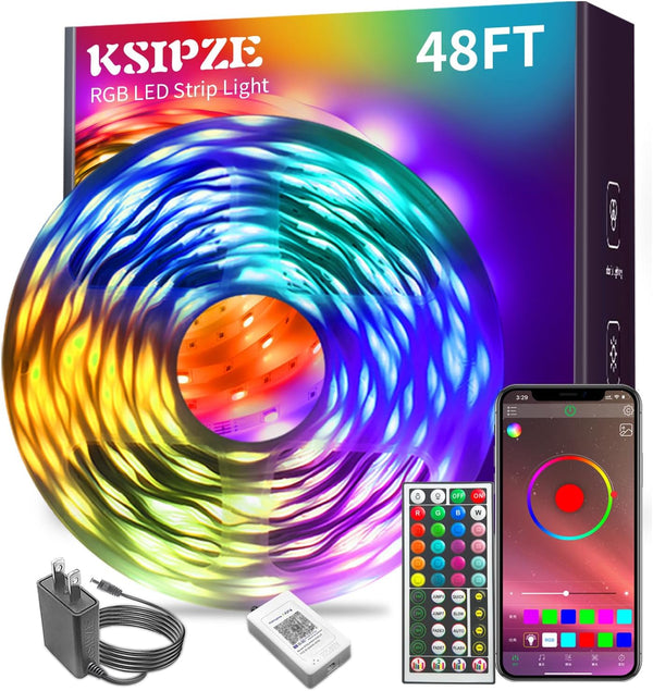 KSIPZE Led Lights for Bedroom 48ft Led Strip Lights with Remote RGB