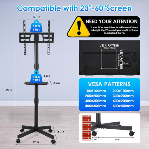 Voitgrsuo 23-60 Inch 55Lbs 400x400mm Mobile TV Stand for LCD LED Flat/Curved Panel Screen TVs, Tilt TV Cart Holds up
