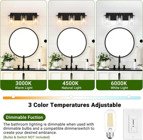 Mikniri 3-Light Bathroom Light Fixtures, Matte Black Bathroom Vanity Lighting Over Mirror with Clear Glass Shades