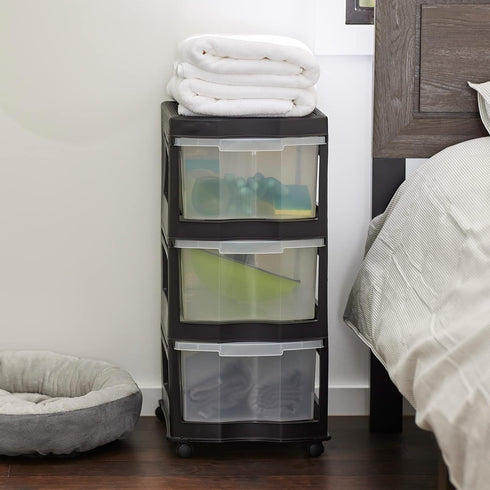 Life Story Classic 3 Tier Shelf, Standing Plastic Storage Drawers and Organizer with Wheels for Home, Black/Clear