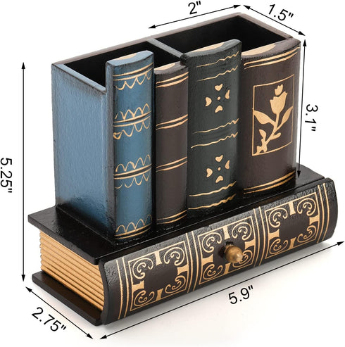 Tosnail Decorative Pen Holder with Storage Drawer, Antique Library Design Wooden Pencil Organizer for Office Supplies
