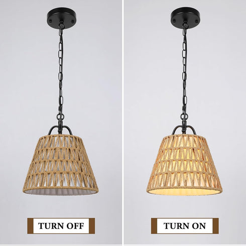 E26 Rattan Pendant Light with Woven Basket Shade, Boho Farmhouse Pendant Light Fixture, Hanging Light with Adjustable
