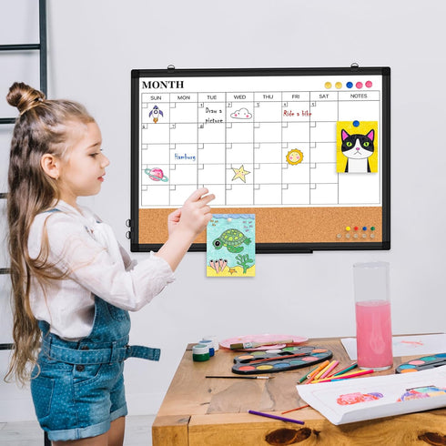 Monthly Calendar Whiteboard Dry Erase Cork Board Combo, 24" x 18" Magnetic Double-Sided Board