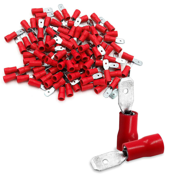 Baomain 100-Pack Male Quick Disconnect Spade Connectors, 0.187", 22-16 AWG, Insulated Terminals Red