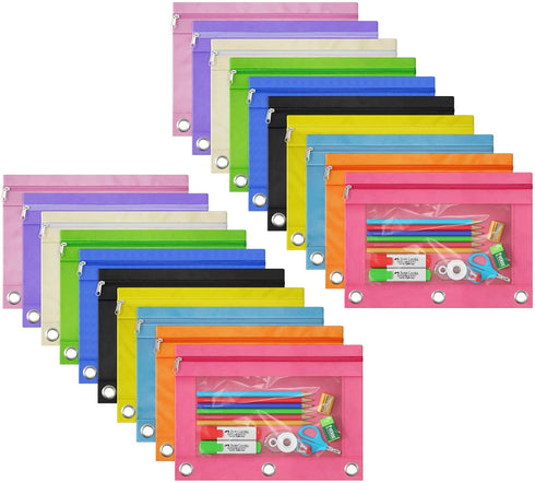 DoDoMagxanadu 20 Pack Binder Pencil Pouches, Pencil Pouch for 3 Ring Binder with Zipper Pulls, Clear Window Pencil Case