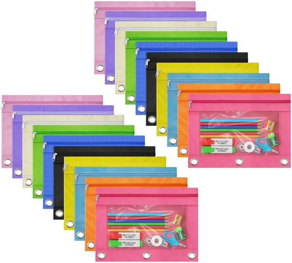 DoDoMagxanadu 20 Pack Binder Pencil Pouches, Pencil Pouch for 3 Ring Binder with Zipper Pulls, Clear Window Pencil Case