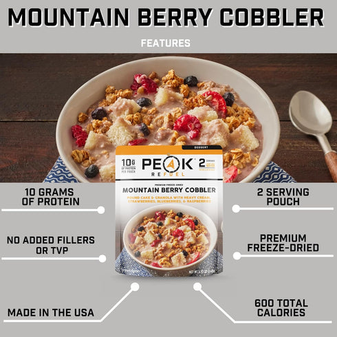 Peak Refuel Mountain Berry Cobbler | Real Ingredients | Ready in Minutes | Just Add Water | Premium Freeze Dried Backpacking & Camping Food | 2 Servings | Ideal MRE Survival Meal or Dessert
