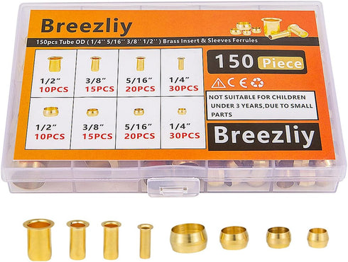 150PCS Tube OD (1/4" 5/16" 3/8" 1/2") Brass Compression Sleeves Ferrules & Insert, 4 Sizes Assortment Kit