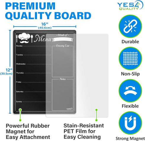 Magnetic Dry Erase Black Menu Board (16 x 12") for Fridge, Weekly Meal Planner with 4 Neon Chalk Markers & Cloth Eraser