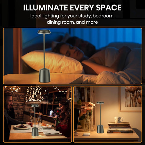 Set 2, 5000mAh 3 Dimming Aluminum LED Cordless Table Lamps of Portable Rechargeable Battery Operated Black Table Light
