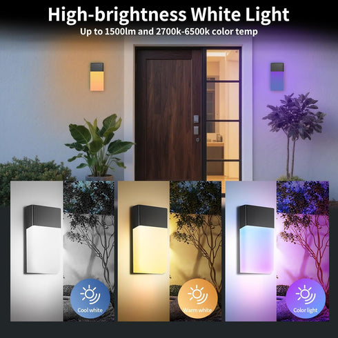 Fircestry 1500LM IP65 2 Pack Outdoor Wall Lights RGB, Smart Exterior Porch Sconces Wall Mounted Lighting, Waterproof