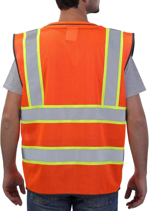 Reflective Safety Vest Orange Mesh, High Visibility Vest with Pockets and Zipper, Padded Neck, Construction Work Vest ANSI Class 2, Orange with Yellow Trim XL