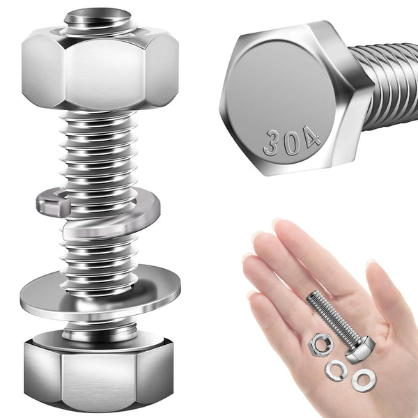 (20 Sets) 1/4-20x1-1/4" Hex Head Stainless Steel Bolts and Nuts | 304 Stainless Steel with Washers, Fully Threaded