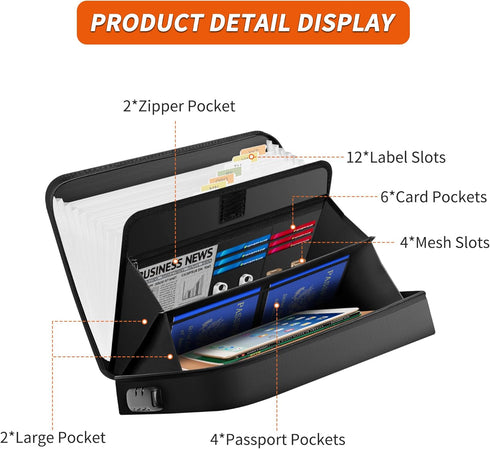 Noiposi Accordion File Organizer, Fireproof Expanding File Folder with Lock, 13 Pockets, Two Big Compartments for