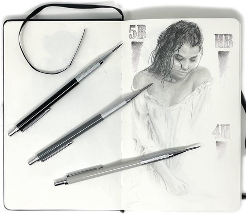 Premium Metal Drawing Mechanical Pencils - Sketching in Leather Pencil Case, 2mm Lead Refills, Kneaded Eraser