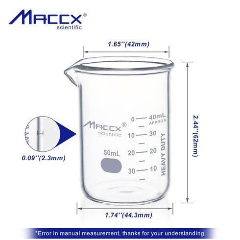 1.7oz (50ml) Sturdy Glass Beaker, 3.3 Borosilicate Griffin Low Form with Printed Graduation, Pack of 12