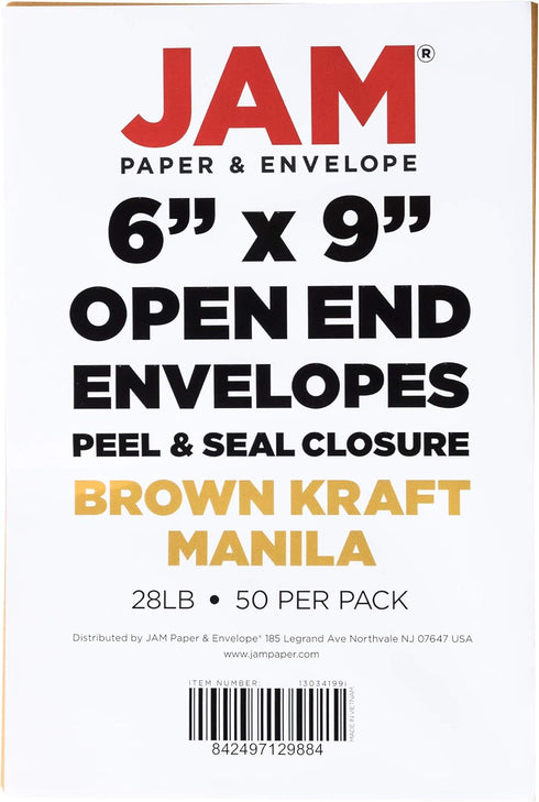 JAM PAPER 6 x 9 Open End Catalog Envelopes with Peel and Seal Closure - Brown Kraft Manila - 50/Pack