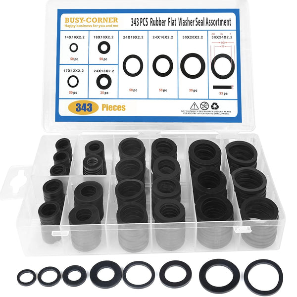 BUSY-CORNER 343 Pieces Rubber Flat Washer Gasket Assortment, Buna-N 70A, 8 Sizes for Faucet or Plumbing