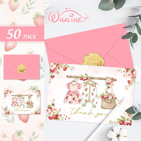 50 4 6 Inch Whaline Pcs Strawberry Baby Shower Thank You Cards with Envelopes Stickers Bulk Cute Clothes Pink Blank