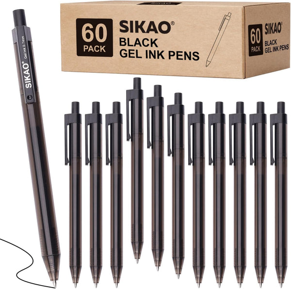 Black Gel Pens Bulk, Fine Point Smooth Writing, 0.7mm Gel Ink, Retractable Rollerball Pens, 60 Pack