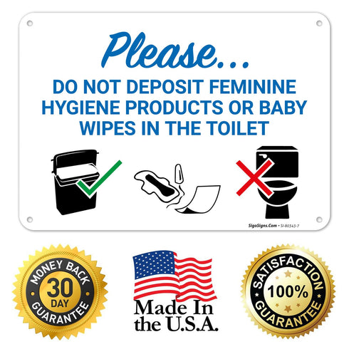 10x7 Inches, 55 Please Do Not Deposit Feminine Products Baby Wipes in Toilet with Graphic Sign, mil Thick HDPS (high