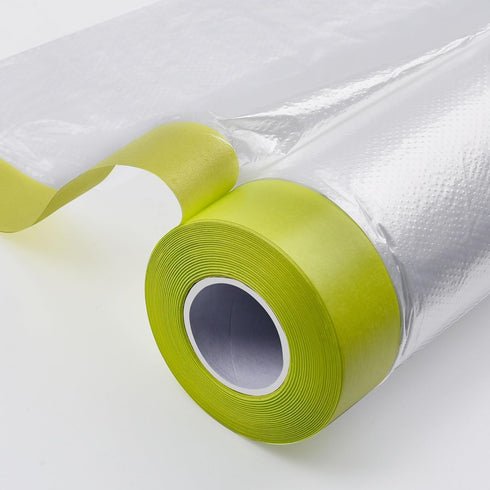 LLPT Tape and Drape 35.4 (Unfolded) x 66 Ft Each 2 Pack Pre-Taped Masking Film 2.4 Mil Painters Plastic Drop Cloth for Auto Wall Furniture Painting Protection (MFTG920)