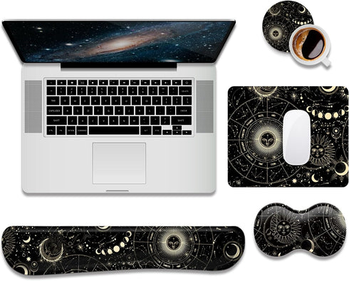 Keyboard Wrist Rest Support + Mouse Pad + Mouse Wrist Rest + Coaster, 4 PCS Ergonomic Memory Foam Set for Office & Home