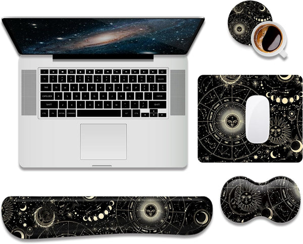Keyboard Wrist Rest Support + Mouse Pad + Mouse Wrist Rest + Coaster, 4 PCS Ergonomic Memory Foam Set for Office & Home