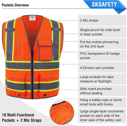 SKSAFETY Class 2 High Visibility Safety Vest with 10 Pockets, Zipper, Reflective Strips for Men & Women (Orange, M)