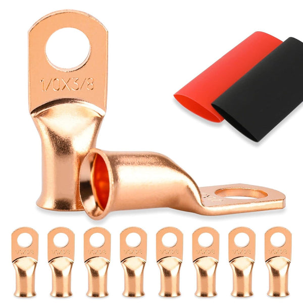 8PCS Battery Cable Ends, 1/0 Gauge Wire Connectors, 3/8 Copper Wire Lugs with Heat Shrink Tubing by HOUSUN