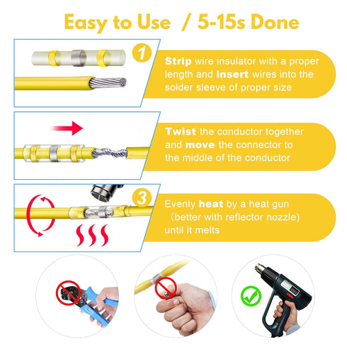 Kuject 50PCS Yellow Solder Seal Wire Connectors, AWG 12-10, Heat Shrink Butt Terminals for Marine Boat Wire Joint