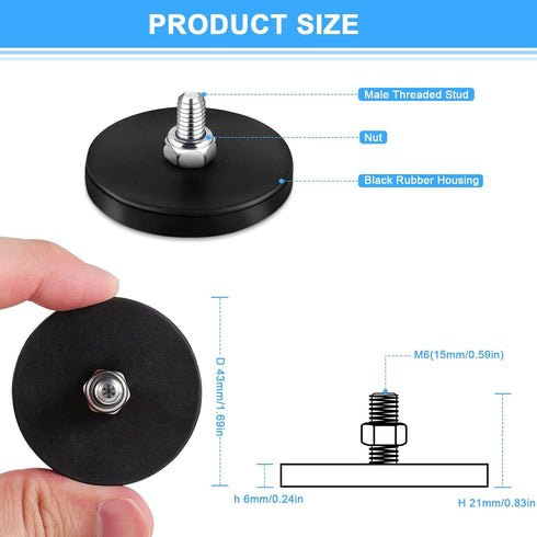 Learay 6 Pack 31 LBS M6 Rubber Coated Magnets, Neodymium Magnet Base with Threaded Studs, Strong Mounting Stud Magnet