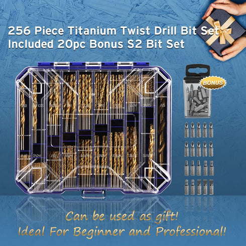 276pc Titanium Twist Drill Bit Set with S2 Bits, 135° Tip High Speed Steel, Sizes from 1/16" to 1/2", Clear Lid Case