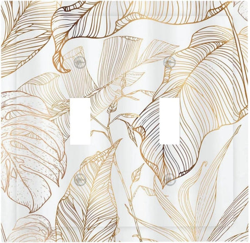 2 White Gold Tropical Palm Leaves Banana Leaf Double Toggle Light Switch Cover Decorative Gang Wall Plate Electrical