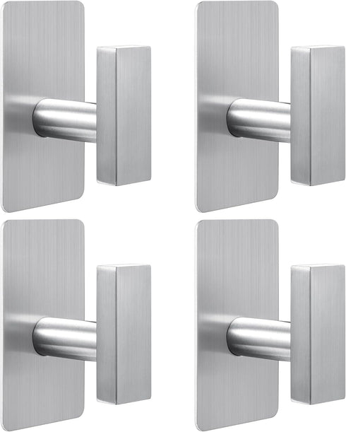 (4-Pack) Adhesive Towel Hooks, Square Stainless Steel Wall Hooks for Bathroom, Kitchen, Hanging Hats, Coats