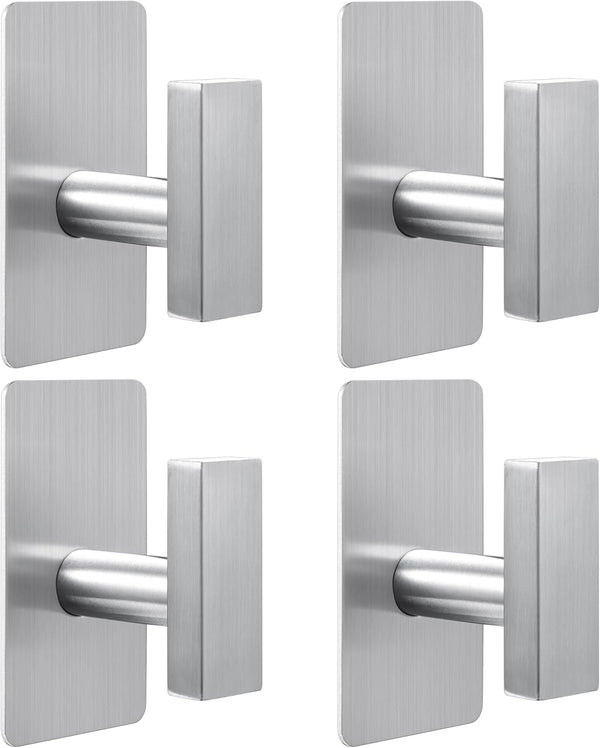 (4-Pack) Adhesive Towel Hooks, Square Stainless Steel Wall Hooks for Bathroom, Kitchen, Hanging Hats, Coats