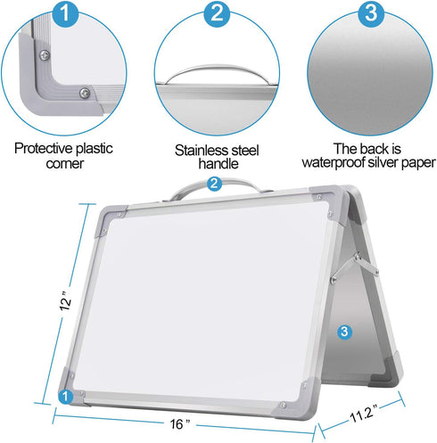 Small Dry Erase White Board - 16"x 12" Double Sided Mini Foldable Magnetic Desktop whiteboard for kids Drawing, Teacher Instruction and Meeting Discuss by H-Qprobd