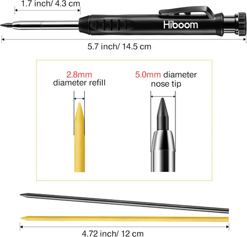 Hiboom Solid Carpenter Pencil Set with 7 Refills and Built-in Sharpener for Woodworking and Design