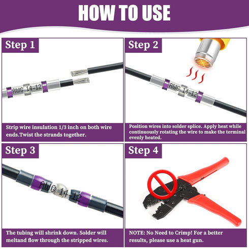 200PCS Purple Solder Seal Wire Connectors, 14-12 AWG Marine Grade Self Soldering Heat Shrink Waterproof Terminals