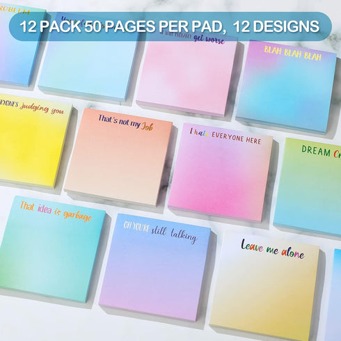 Snarky Office Sticky Notes 12 Pieces, 3 x 3 Inch Funny Note Pads with Complaining Quotes, Vibrant Passive Notepads