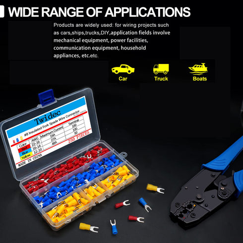 Twidec 250PCS Insulated Fork Spade Wire Connector Assortment Kit, 22-16/16-14/12-10 Gauge #8 Quick Splice Crimp