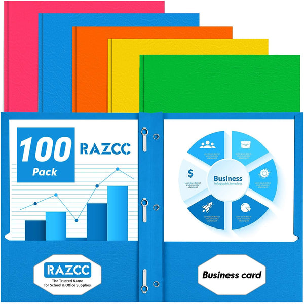 RAZCC 100 Pack Two Pocket Folders with Prongs, Assorted 5 Colors, 3 Prong Folders Fit Letter Size Paper, Pocket Paper