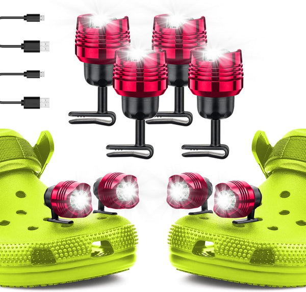 LED Croc Lights for Shoes - 4pcs Waterproof Accessories for Adults and Kids, Hiking, Walking Dog, Camping Gear Red