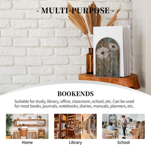 HOYYU 1 Rustic s Wooden Bookends Decorative Shabby Sunflower Book Ends for Shelves Heavy Books Holder Organizer
